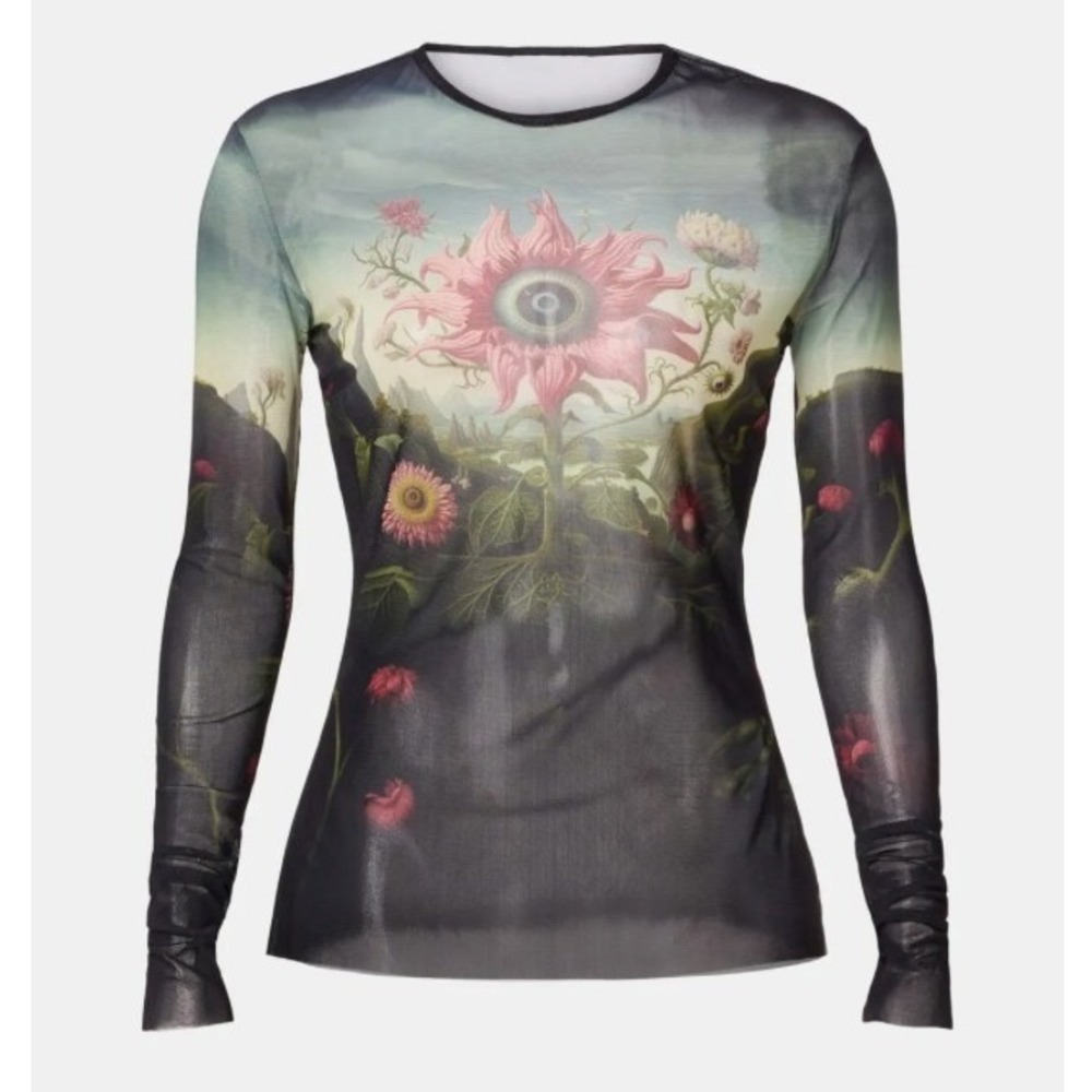 Monse Rose Printed Mesh Top Long Sleeve Mesh Surrealist Sheer Long Sleeve Sz M